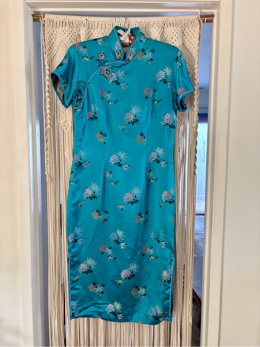 Turquoise Floral Satin Cheongsam Dress Vintage Sz 38